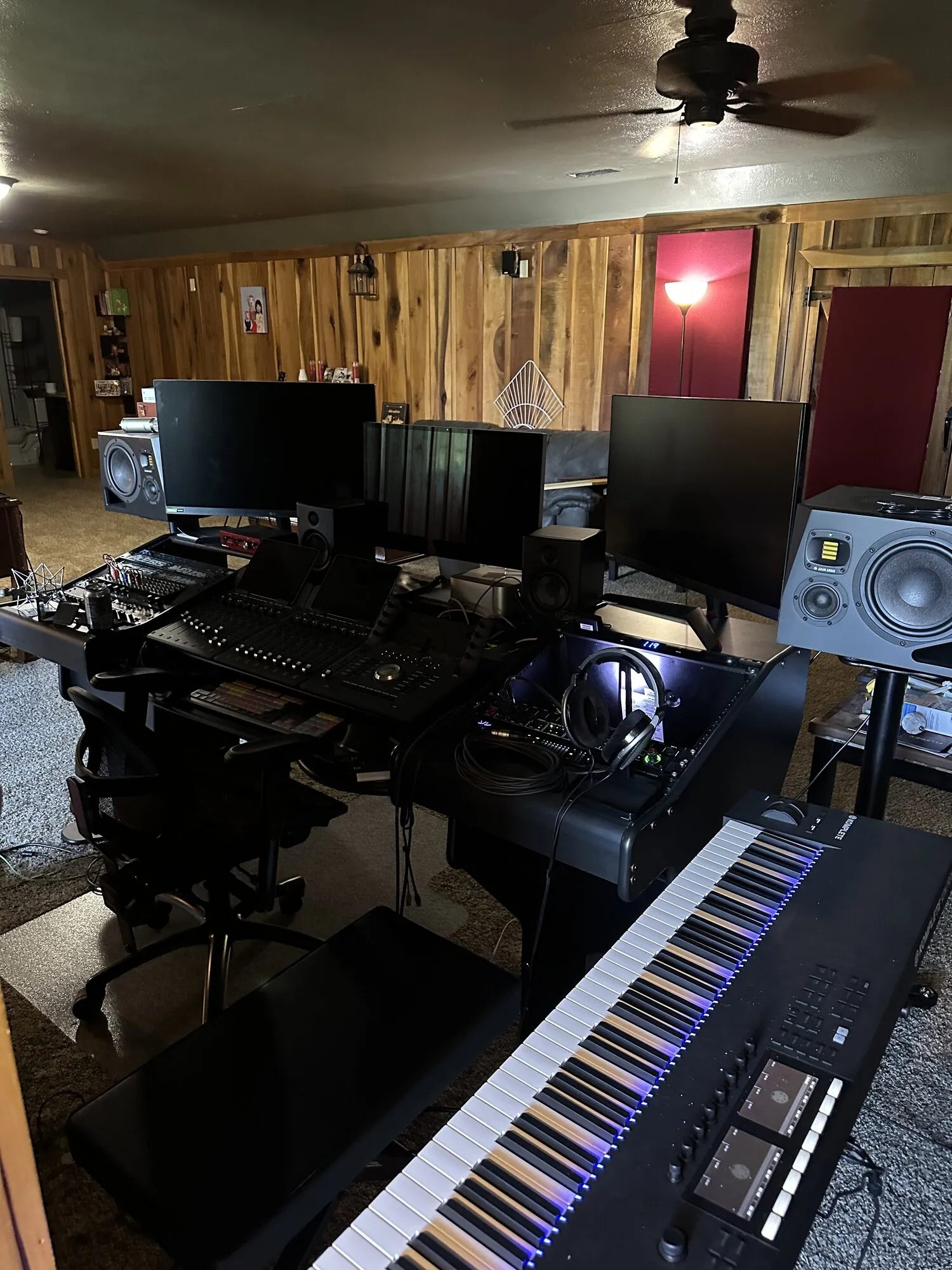 South Fulton Recording Studio: keyboard, desk and wood-paneled walls